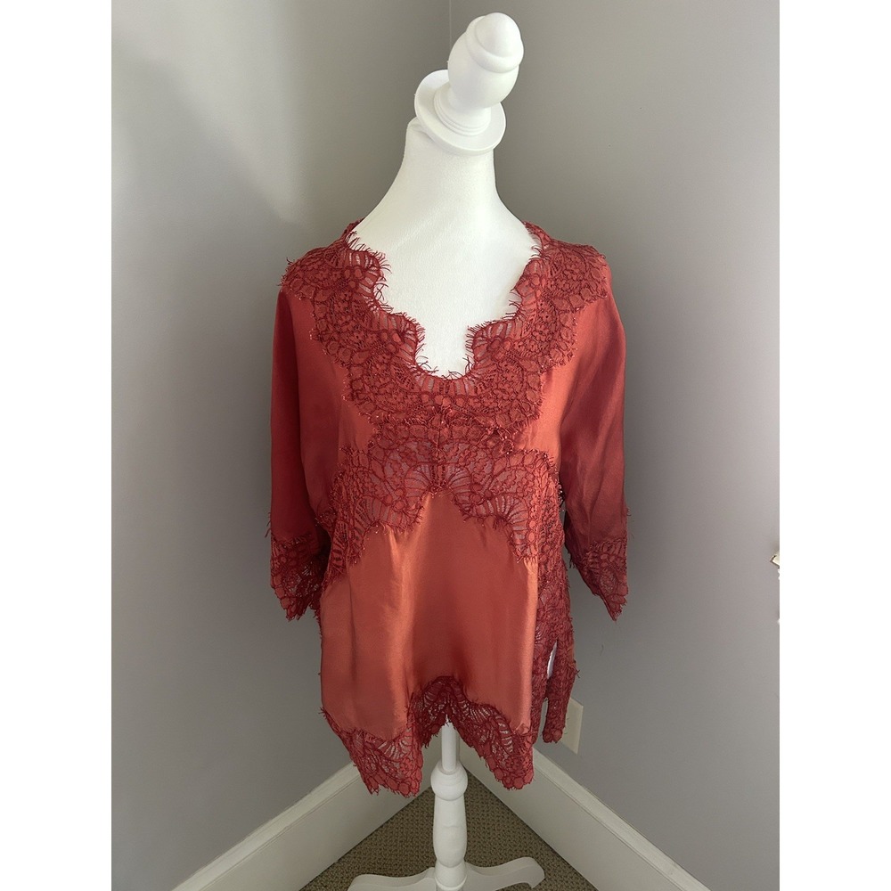 Anthropologie Satin Lace Blouse V-Neck Lace Moulinette Soeurs Orange Large‎